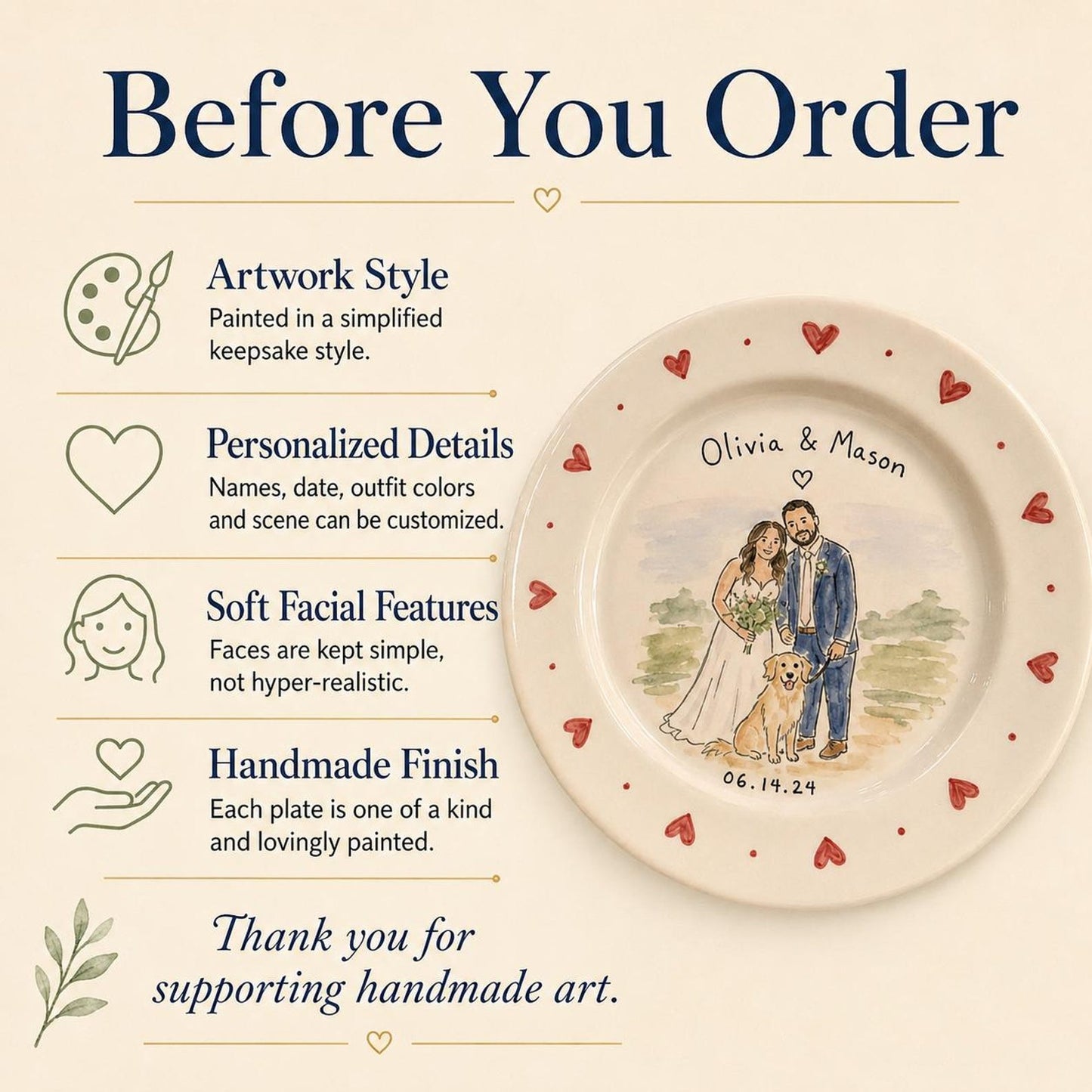 Custom wedding couple and pet portrait ceramic plate — image 17