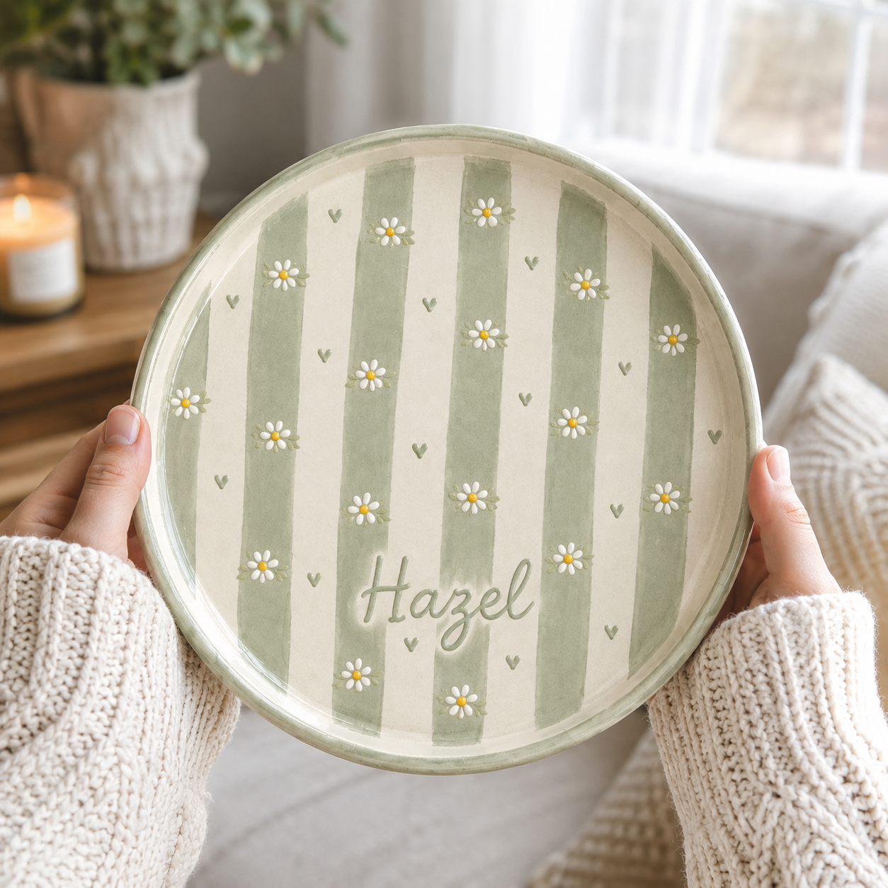 Personalized sage green striped ceramic trinket dish with daisies and Hazel name