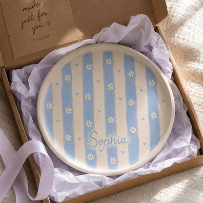 Personalized blue striped daisy ceramic trinket dish gift box with Sophia name