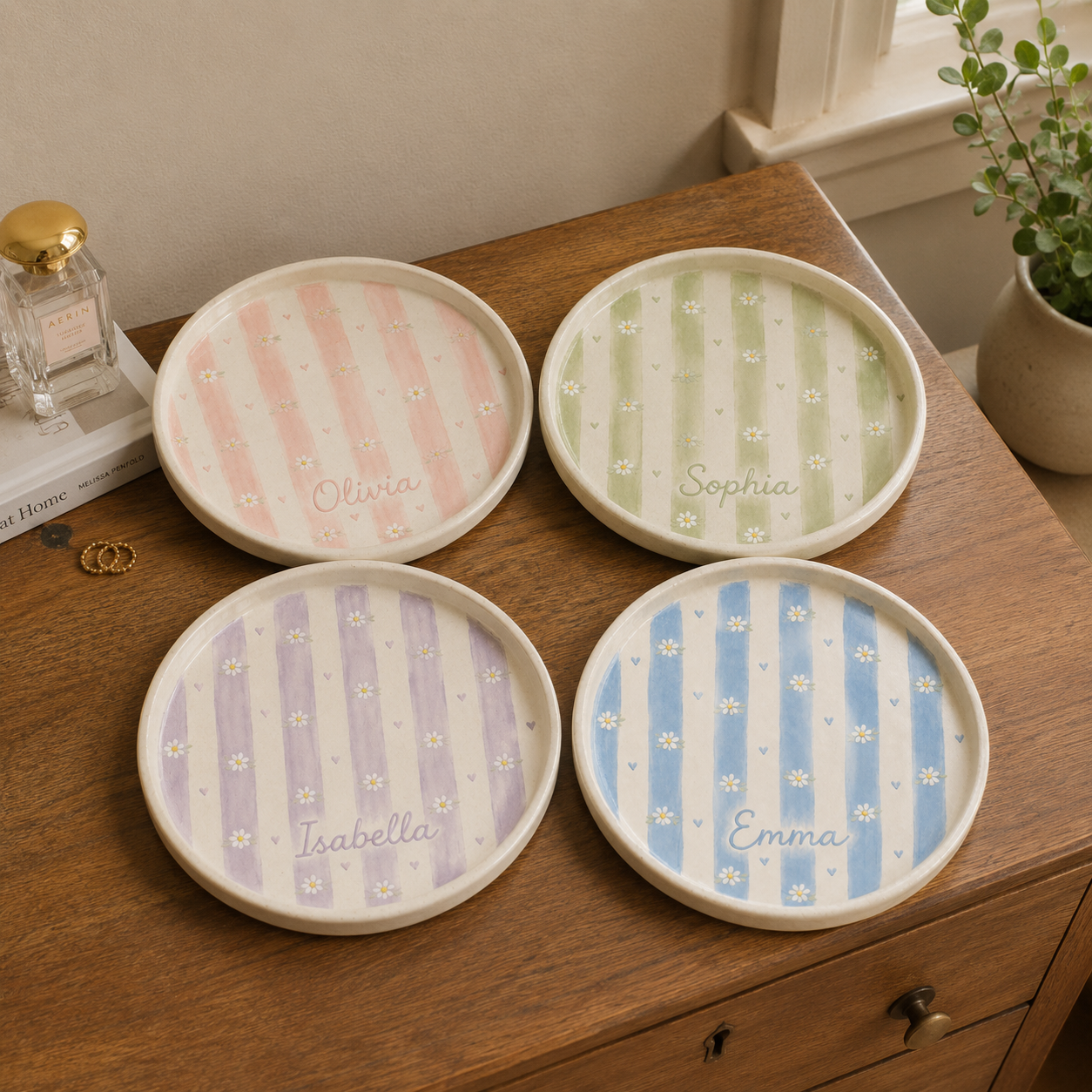 Pastel personalized daisy ceramic trinket dish color options