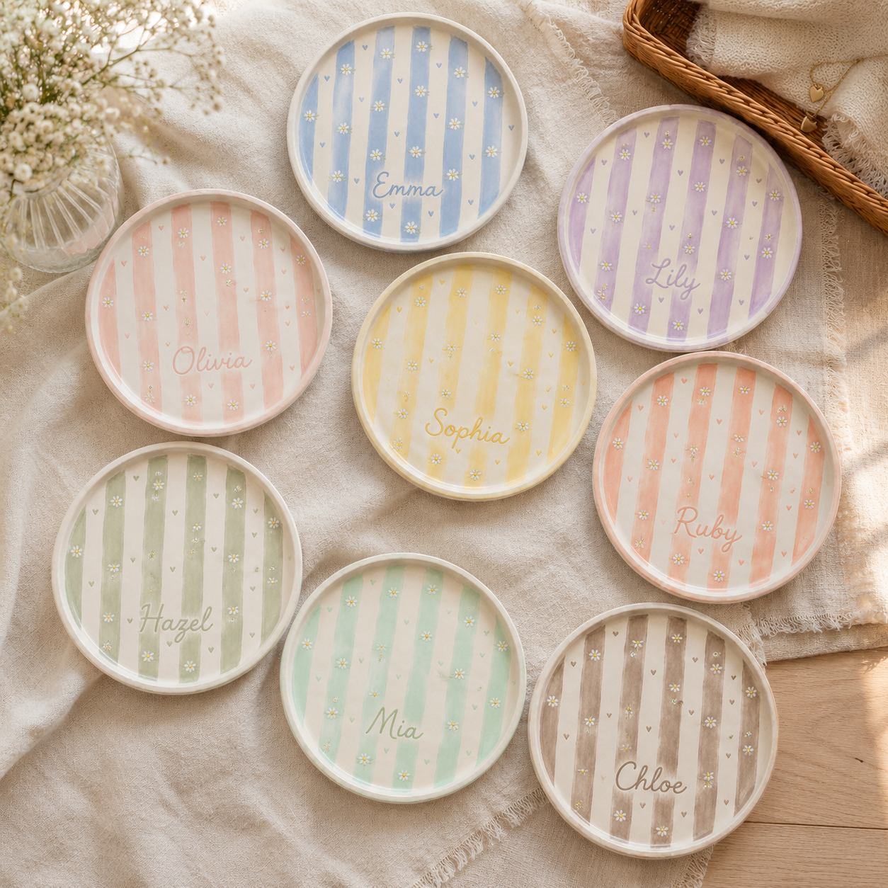 Personalized daisy ceramic trinket dish palette and name examples