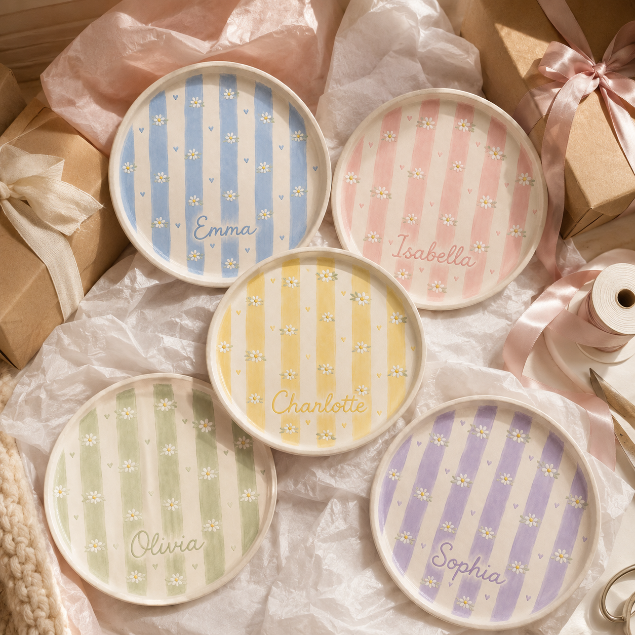 Pastel personalized daisy ceramic trinket dishes arranged on gift wrapping