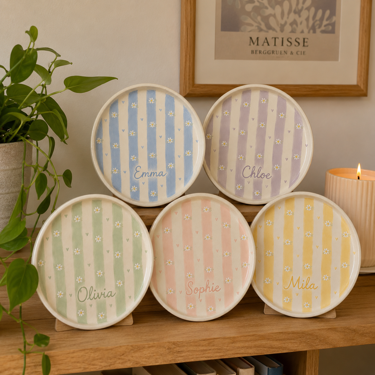 Personalized daisy ceramic trinket dish color collection display
