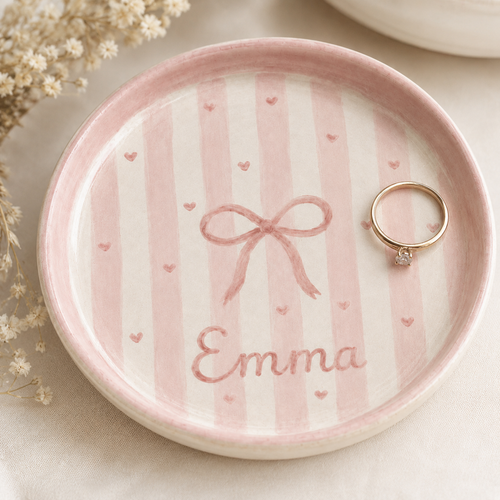Pink striped personalized ceramic trinket dish with bow and Emma name