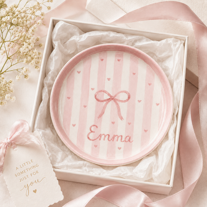 Gift boxed pink bow personalized ceramic trinket dish with Emma name