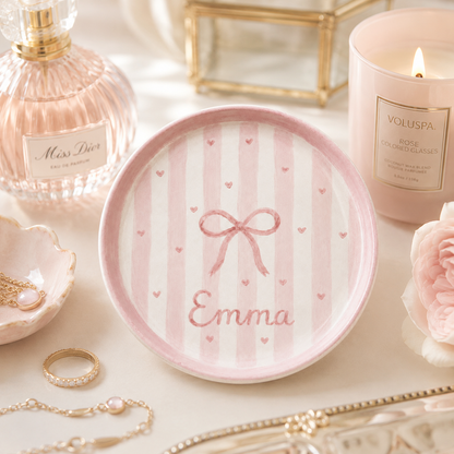 Pink personalized bow ceramic trinket dish with candle and perfume styling