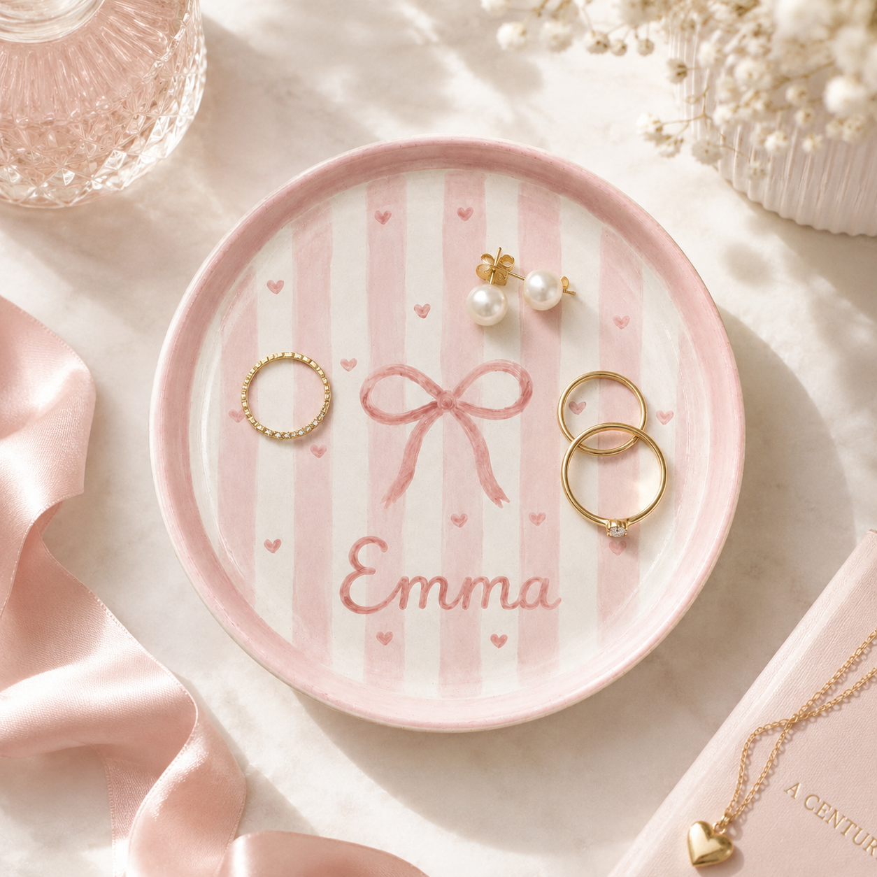 Pink bow personalized ceramic trinket dish used as jewelry dish