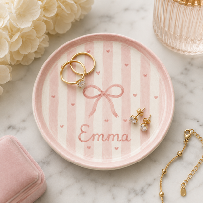 Pink bow personalized ceramic trinket dish with gold jewelry styling