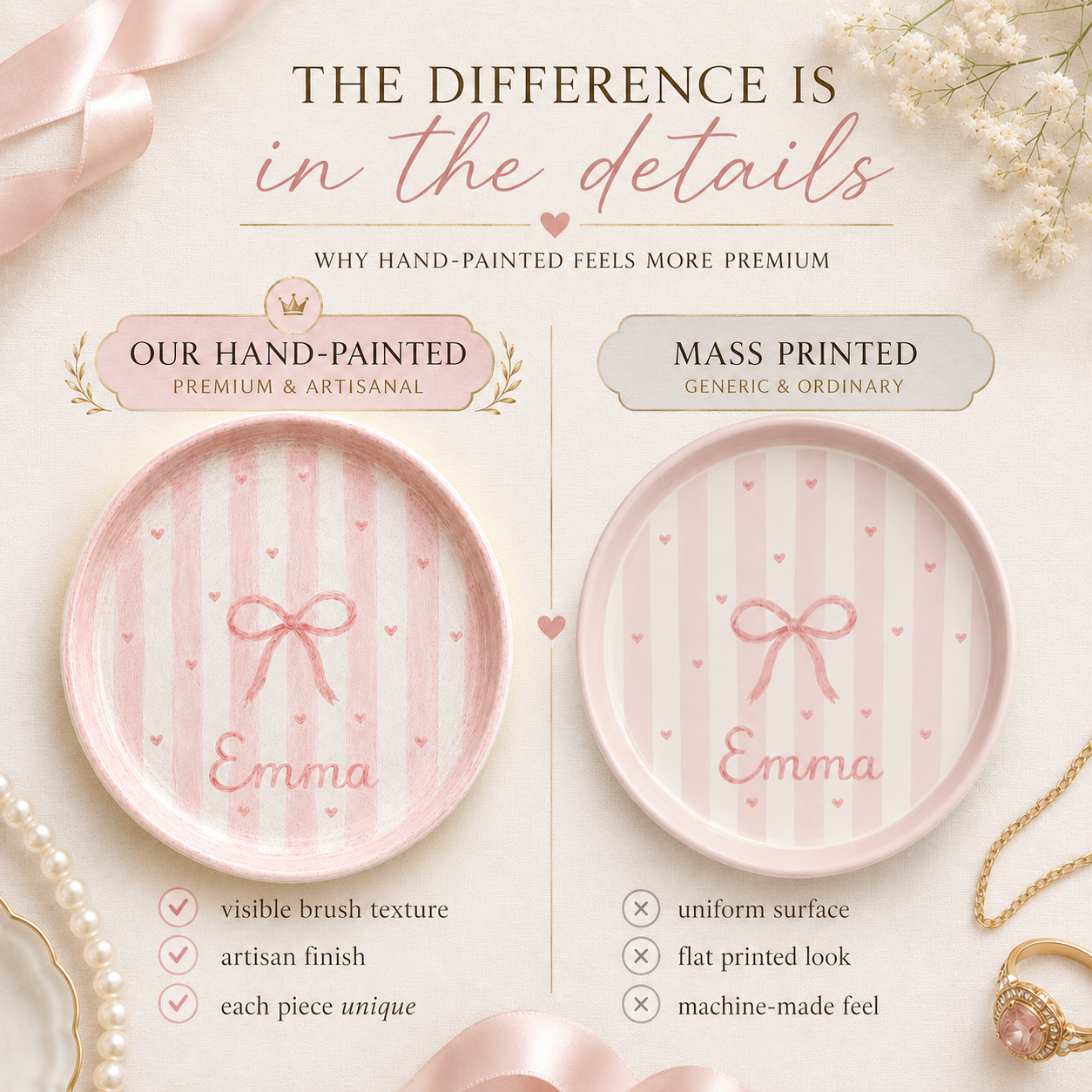 Hand-painted ceramic bow trinket dish quality comparison graphic