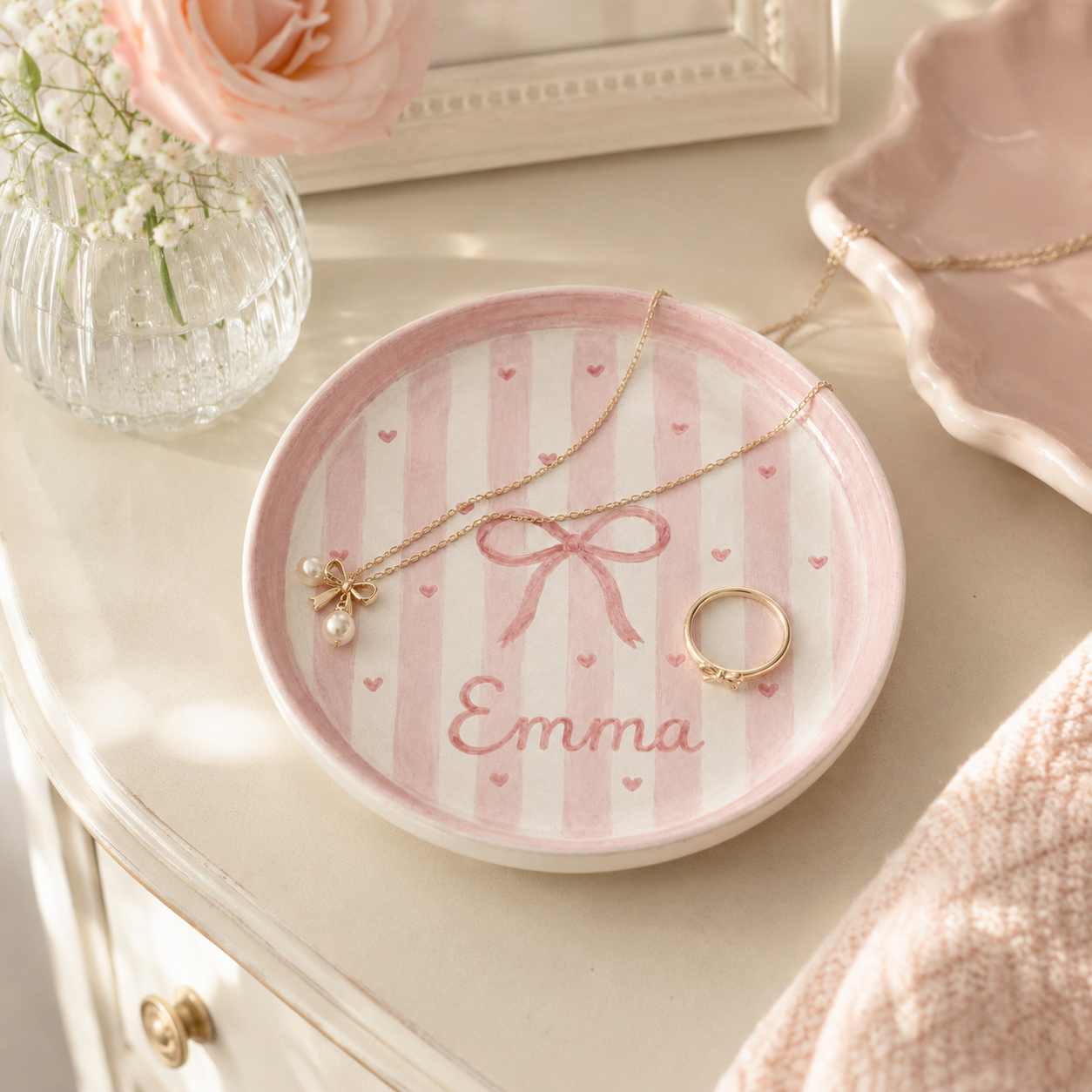 Pink bow ceramic trinket dish styled with necklace and rings