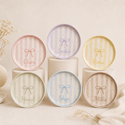 Pastel bow personalized ceramic trinket dish collection display
