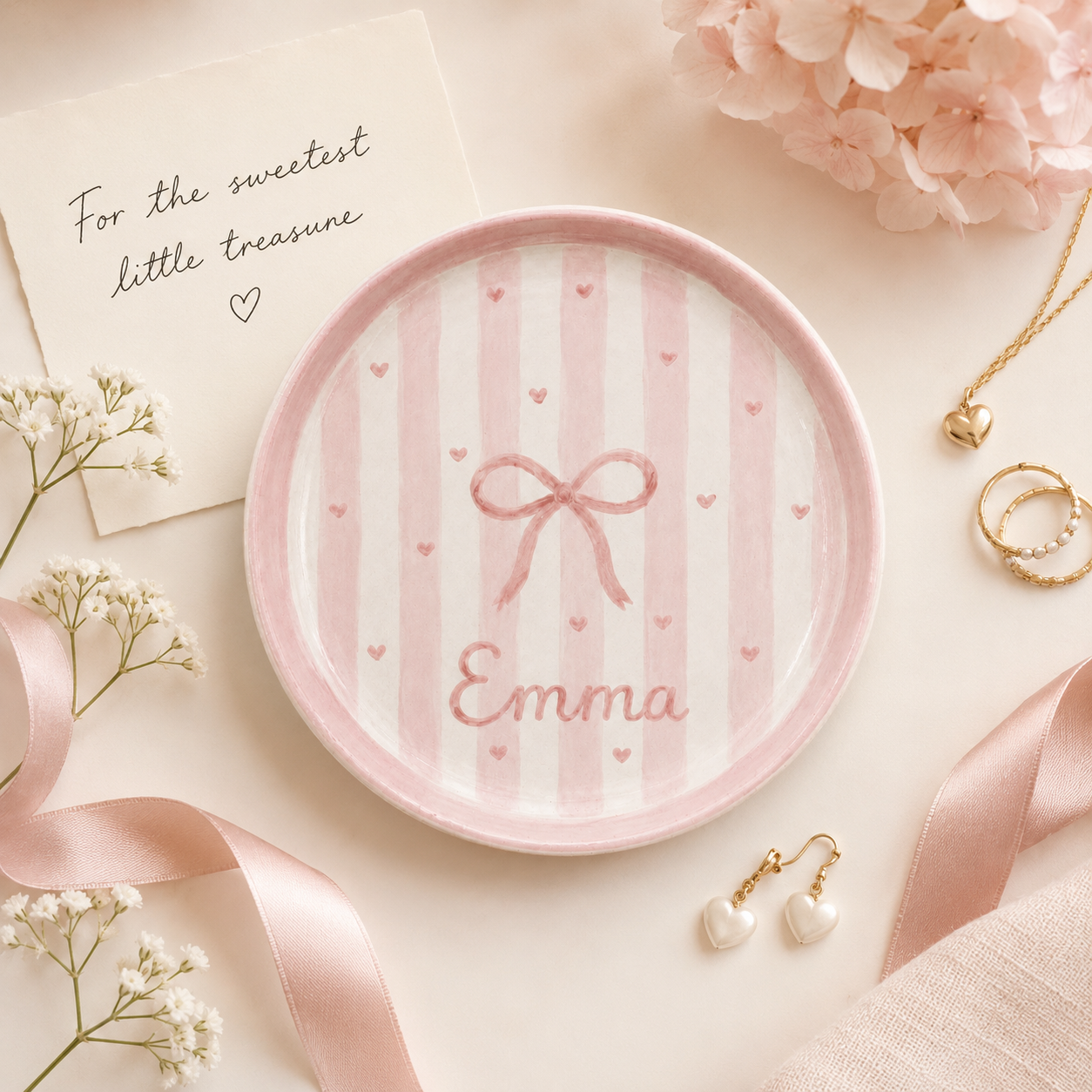 Pink bow personalized ceramic trinket dish with keepsake note and Emma name
