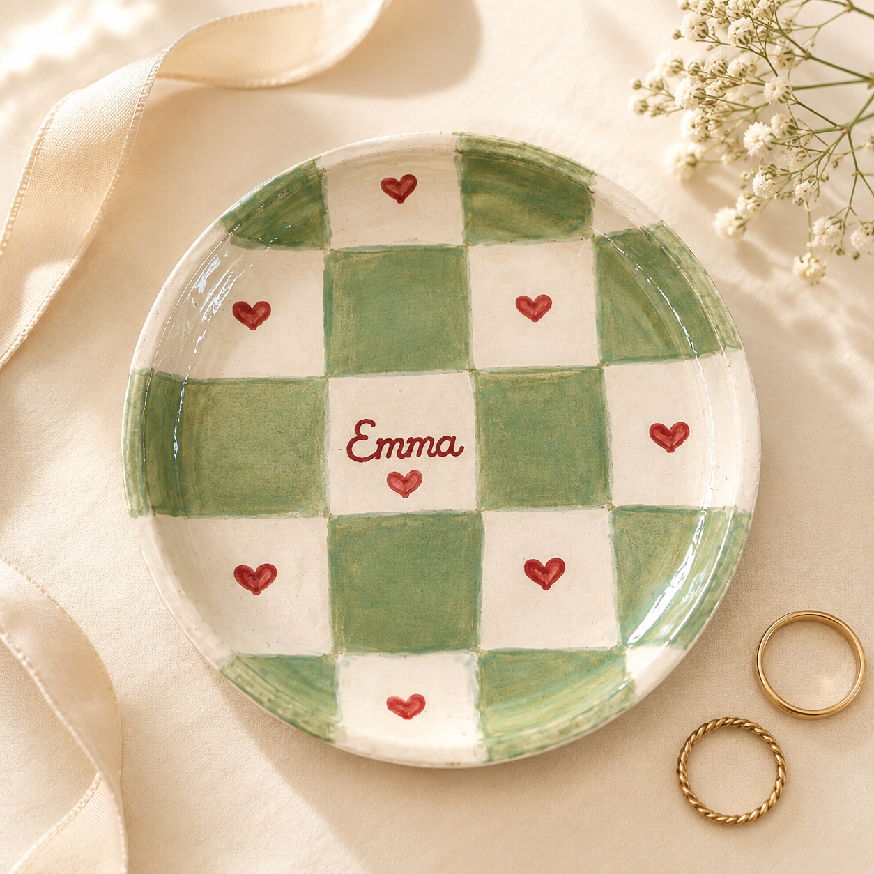 Sage green checkered personalized ceramic trinket dish with red hearts and Emma name