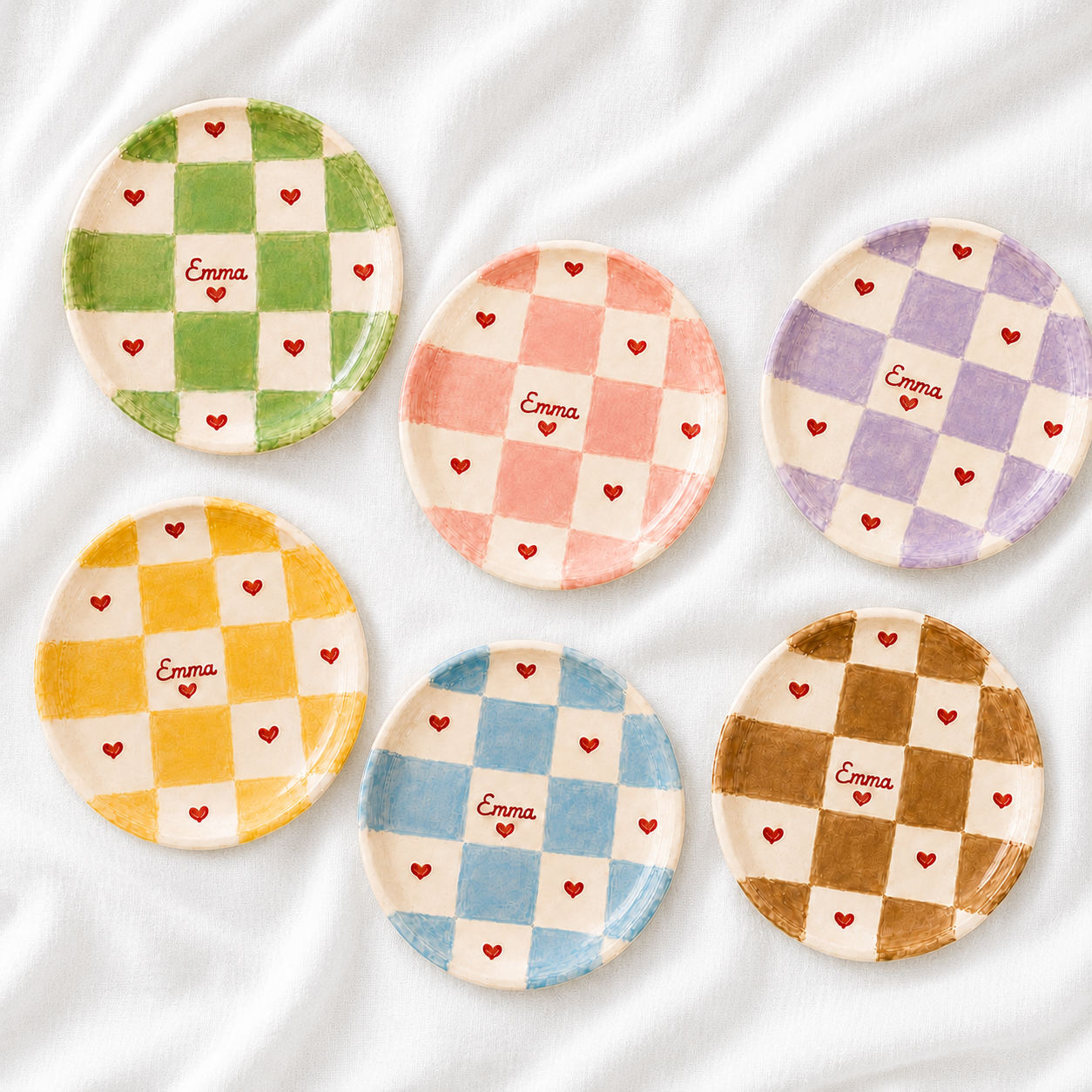 Checkered heart personalized ceramic trinket dish color collection