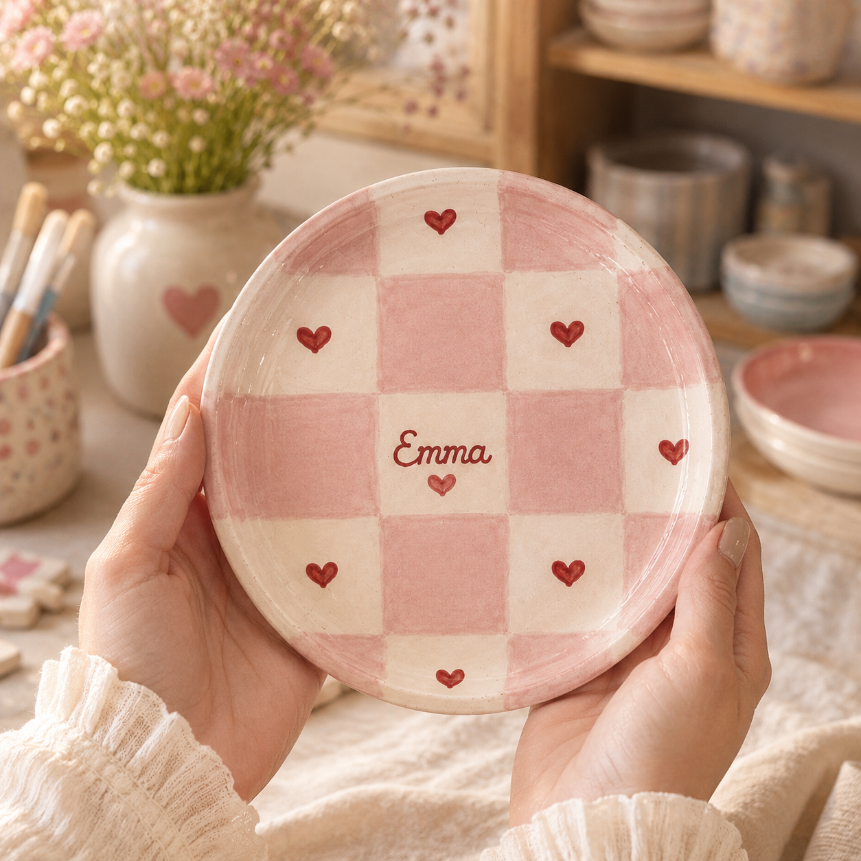 Pink checkered personalized ceramic trinket dish held in hands with Emma name