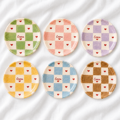 Checkered heart ceramic trinket dish full pastel color options