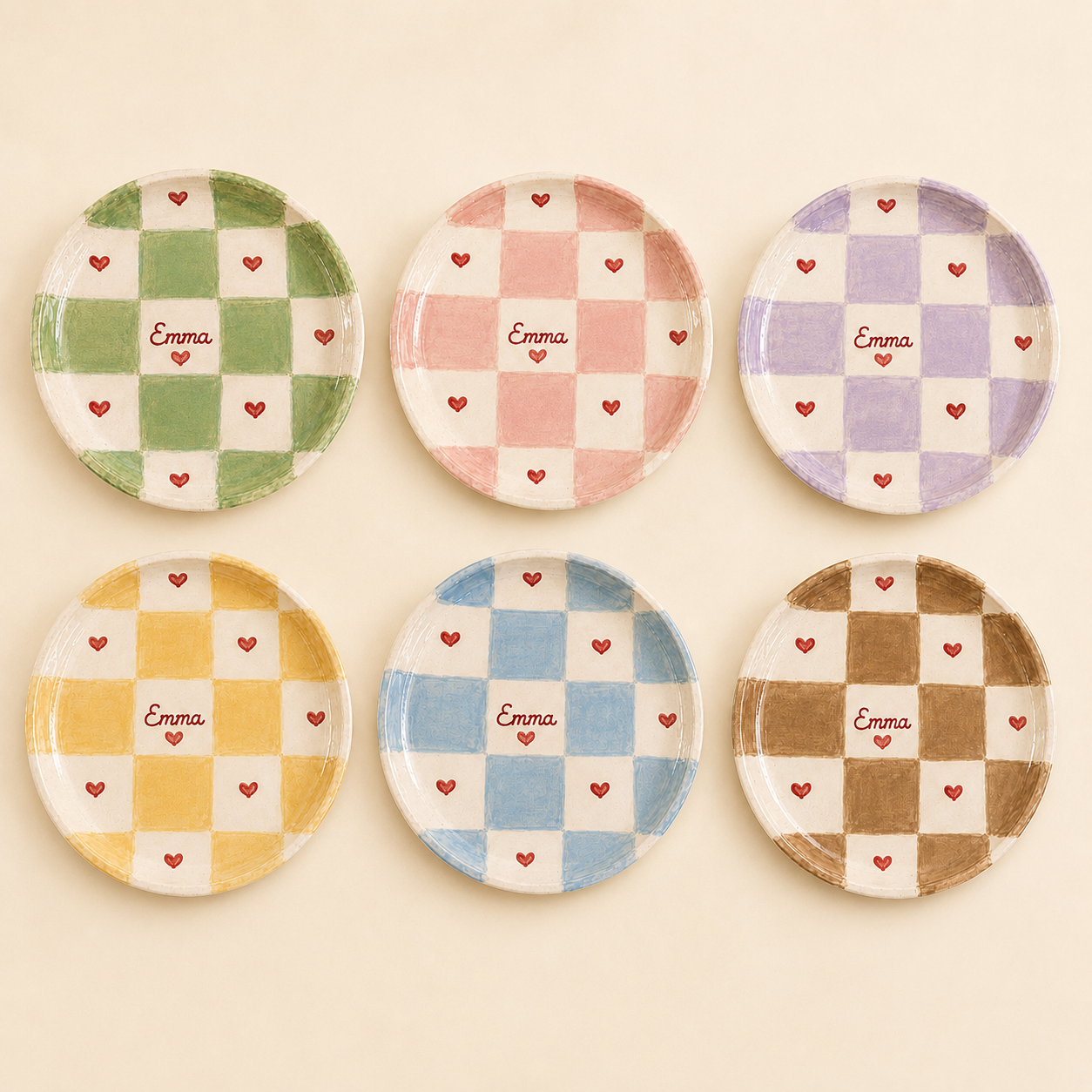 Checkered heart personalized ceramic trinket dish palette on cream background
