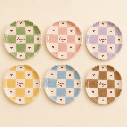 Checkered heart personalized ceramic trinket dish palette on cream background