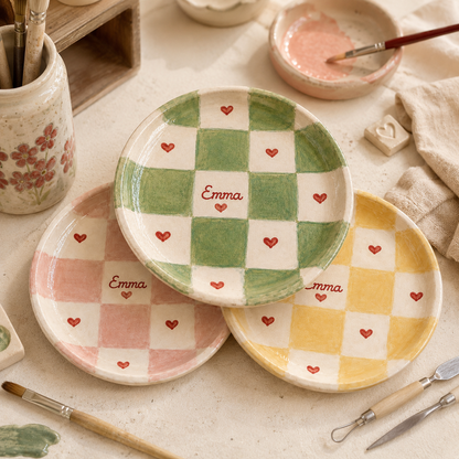 Checkered personalized ceramic trinket dish collection with paintbrush styling