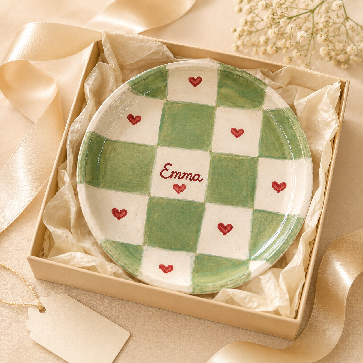 Gift boxed green checkered personalized ceramic trinket dish with Emma name