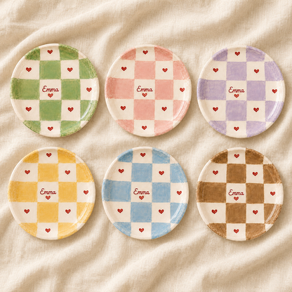Checkered heart personalized ceramic trinket dish collection on fabric