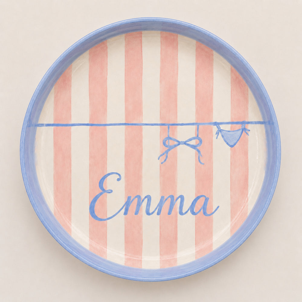 Pink striped personalized ceramic trinket dish with blue rim and Emma name