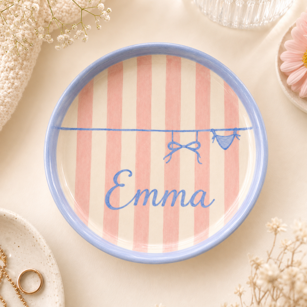 Personalized ceramic trinket dish with clothesline bow design and Emma name