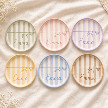 Color options for personalized clothesline bow ceramic trinket dish