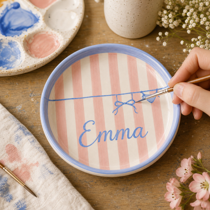 Hand painting process for personalized ceramic trinket dish with bow detail