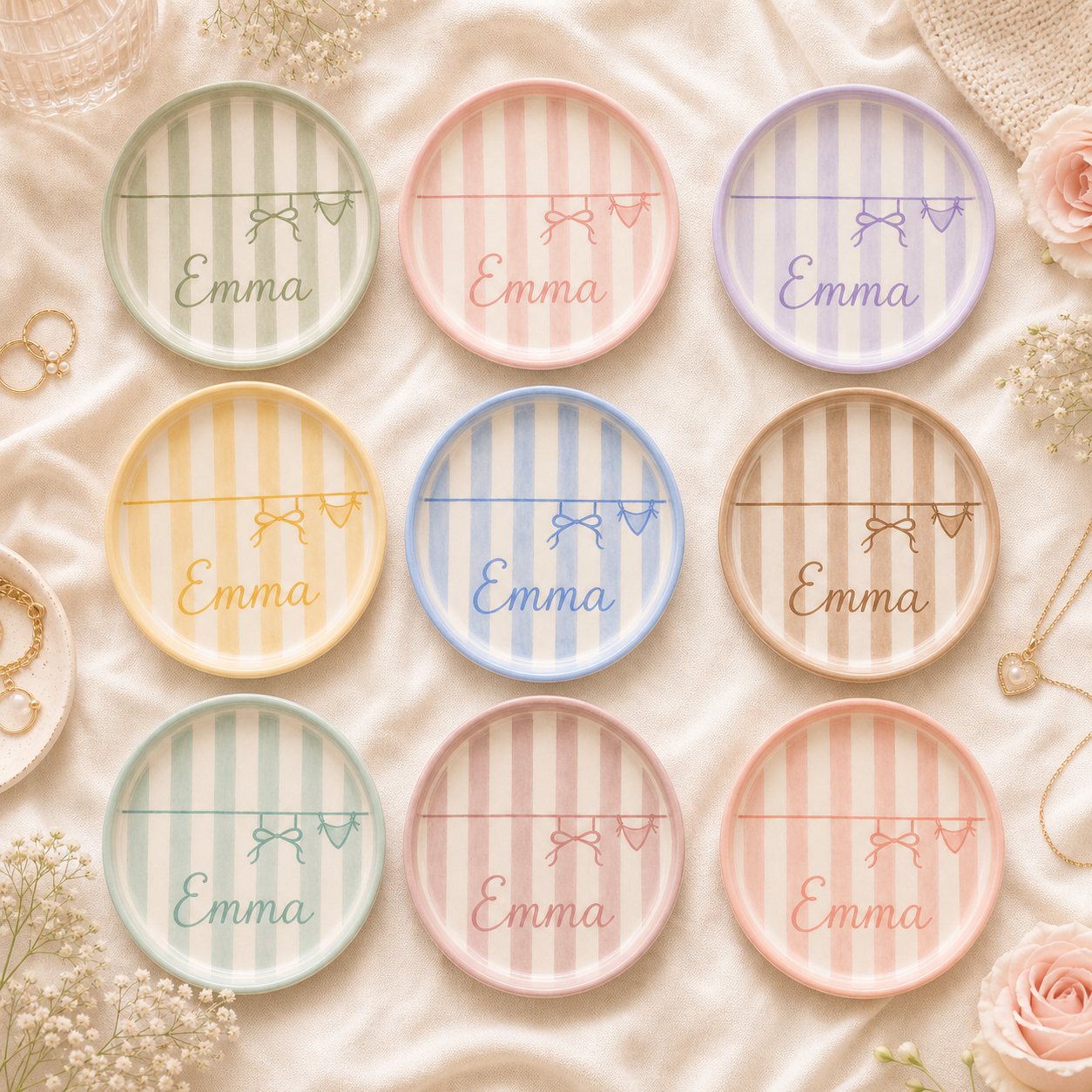 Nine color options for personalized ceramic trinket dish with bow design