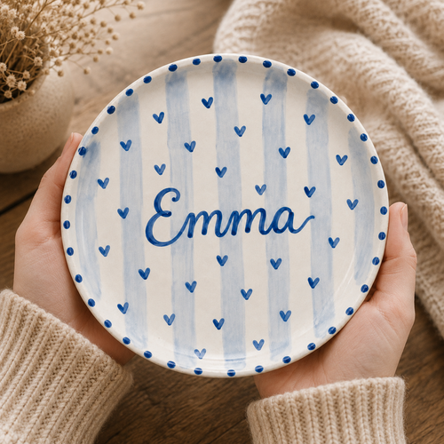Personalized hand-painted ceramic name plate with blue hearts and Emma name