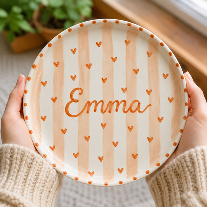 Orange heart personalized ceramic name plate with Emma