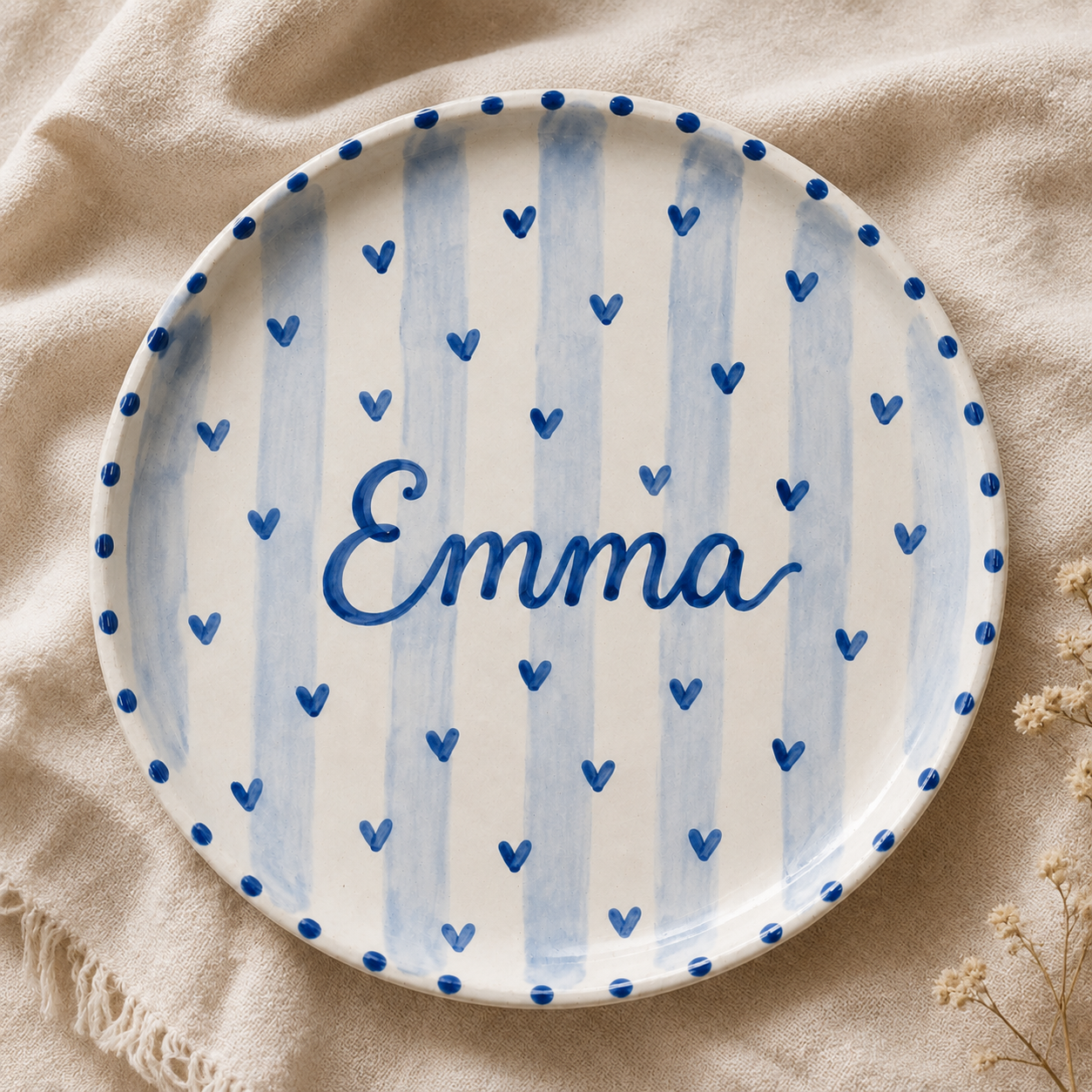 Blue heart personalized ceramic name plate flat lay