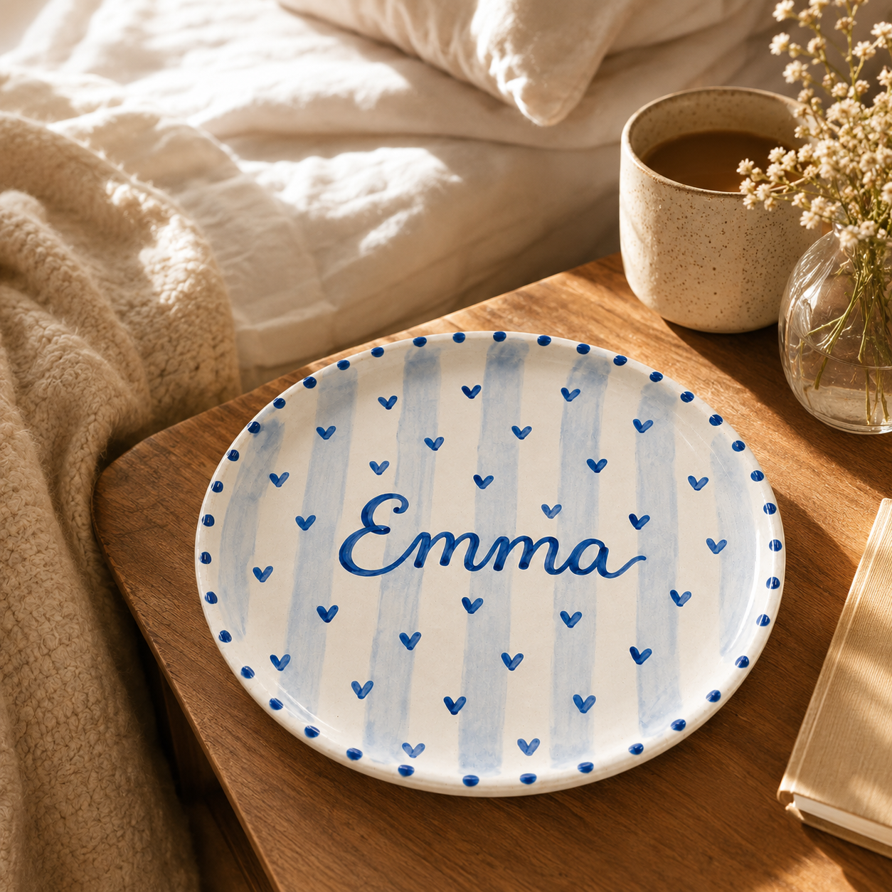 Personalized ceramic name plate with coffee and flowers