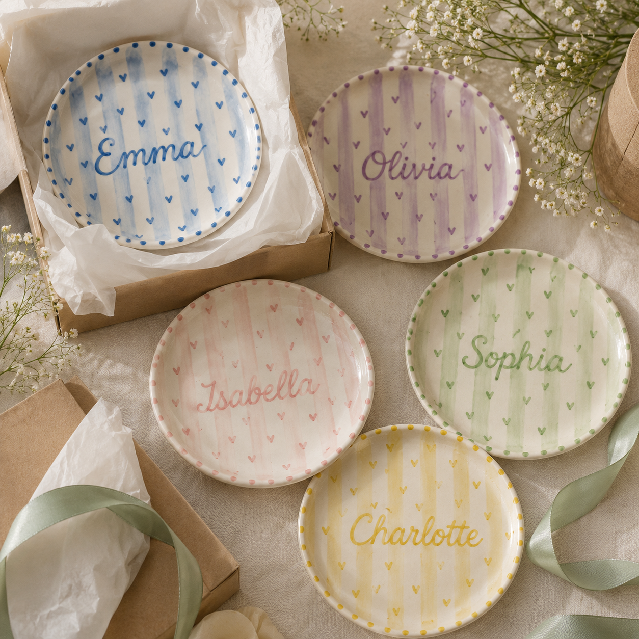 Pastel ceramic name plates arranged on gift boxes