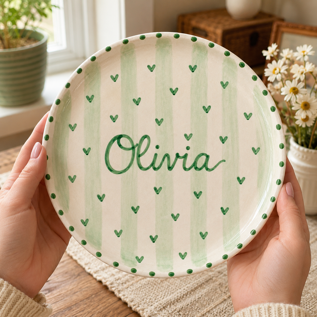 Green personalized ceramic name plate with Olivia