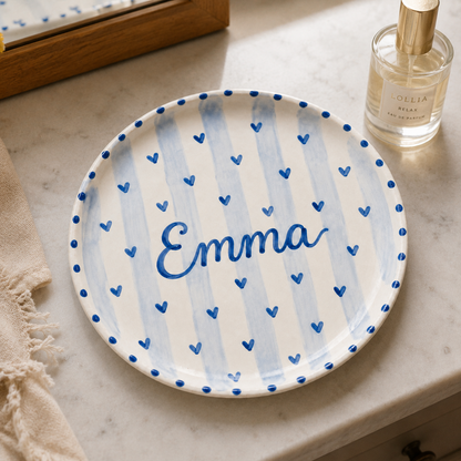 Personalized ceramic name plate on vanity table