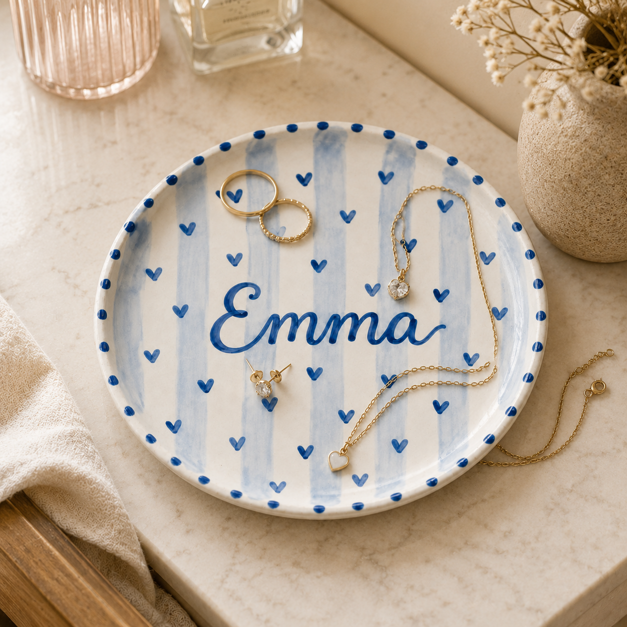 Personalized ceramic name plate as jewelry tray