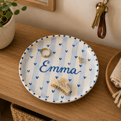 Personalized ceramic plate styled with jewelry and keepsakes