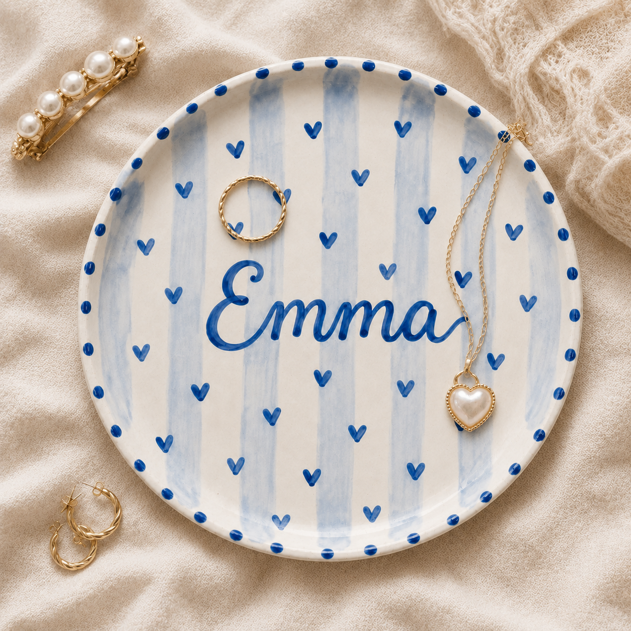 Personalized ceramic name plate with pearl jewelry styling