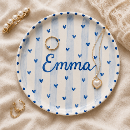 Personalized ceramic name plate with pearl jewelry styling