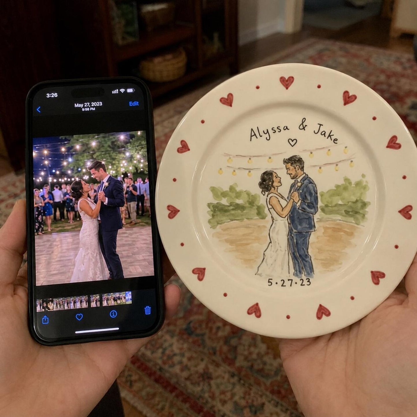 Custom hand-painted wedding photo ceramic plate — image 4