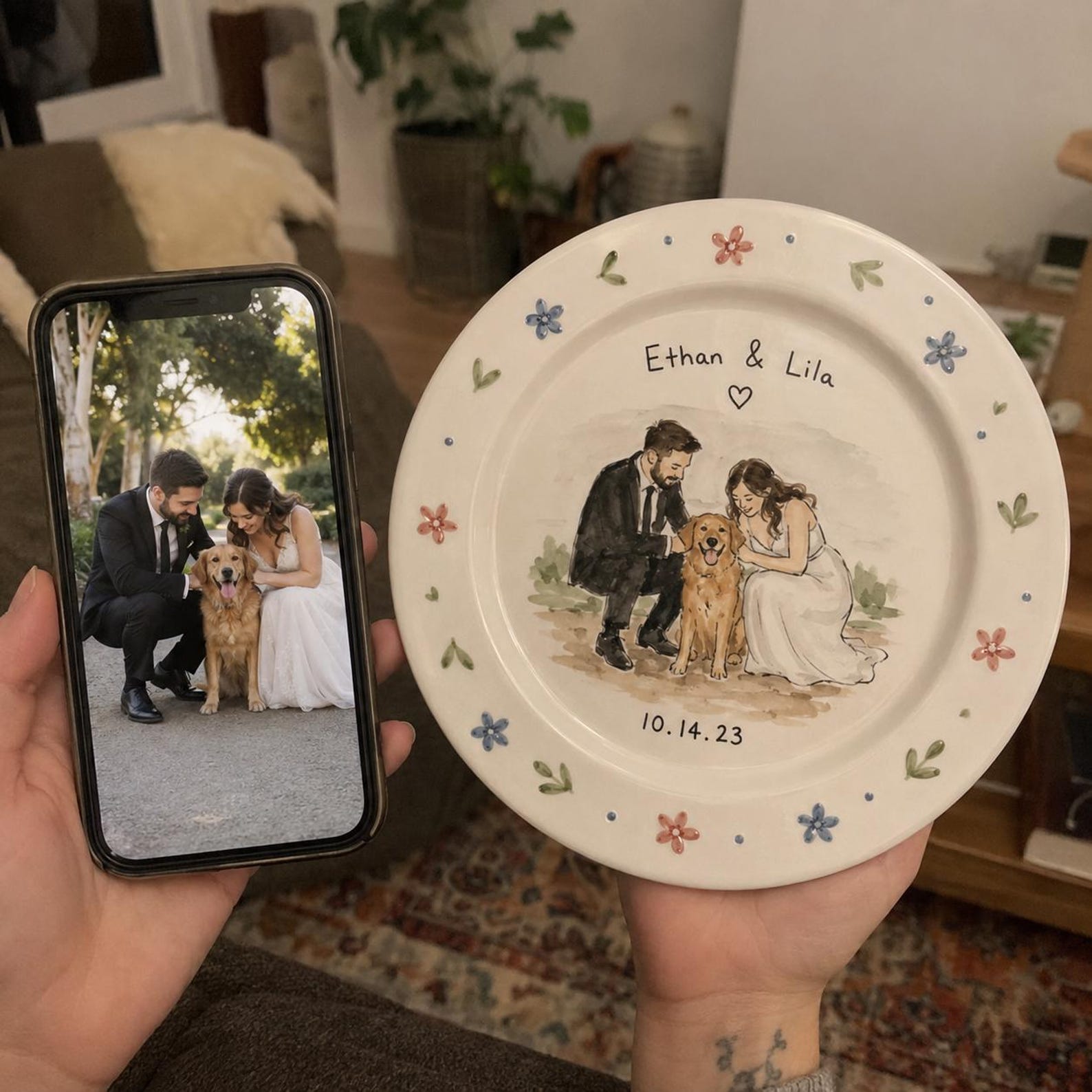 Custom wedding couple and pet portrait ceramic plate — image 5