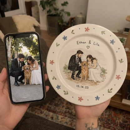 Custom wedding couple and pet portrait ceramic plate — image 5