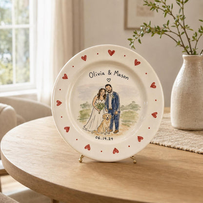 Custom wedding couple and pet portrait ceramic plate — image 11