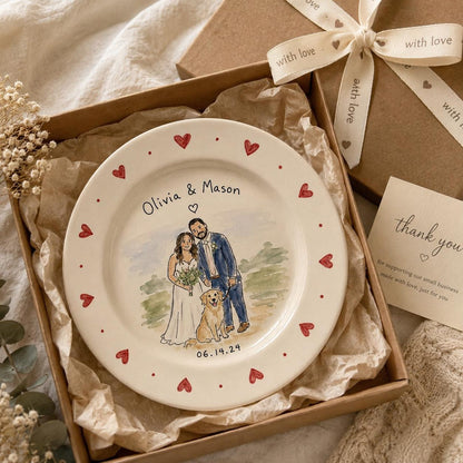 Custom wedding couple and pet portrait ceramic plate — image 10