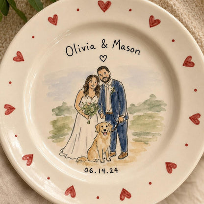 Custom wedding couple and pet portrait ceramic plate — image 2