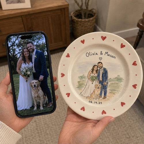 Custom wedding couple and pet portrait ceramic plate — image 1