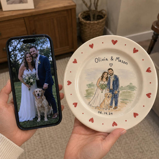 Custom wedding couple and pet portrait ceramic plate — image 1