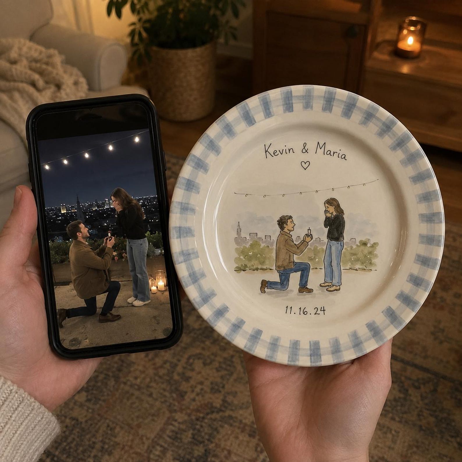 Personalized hand-painted proposal and couple photo ceramic plate — image 2